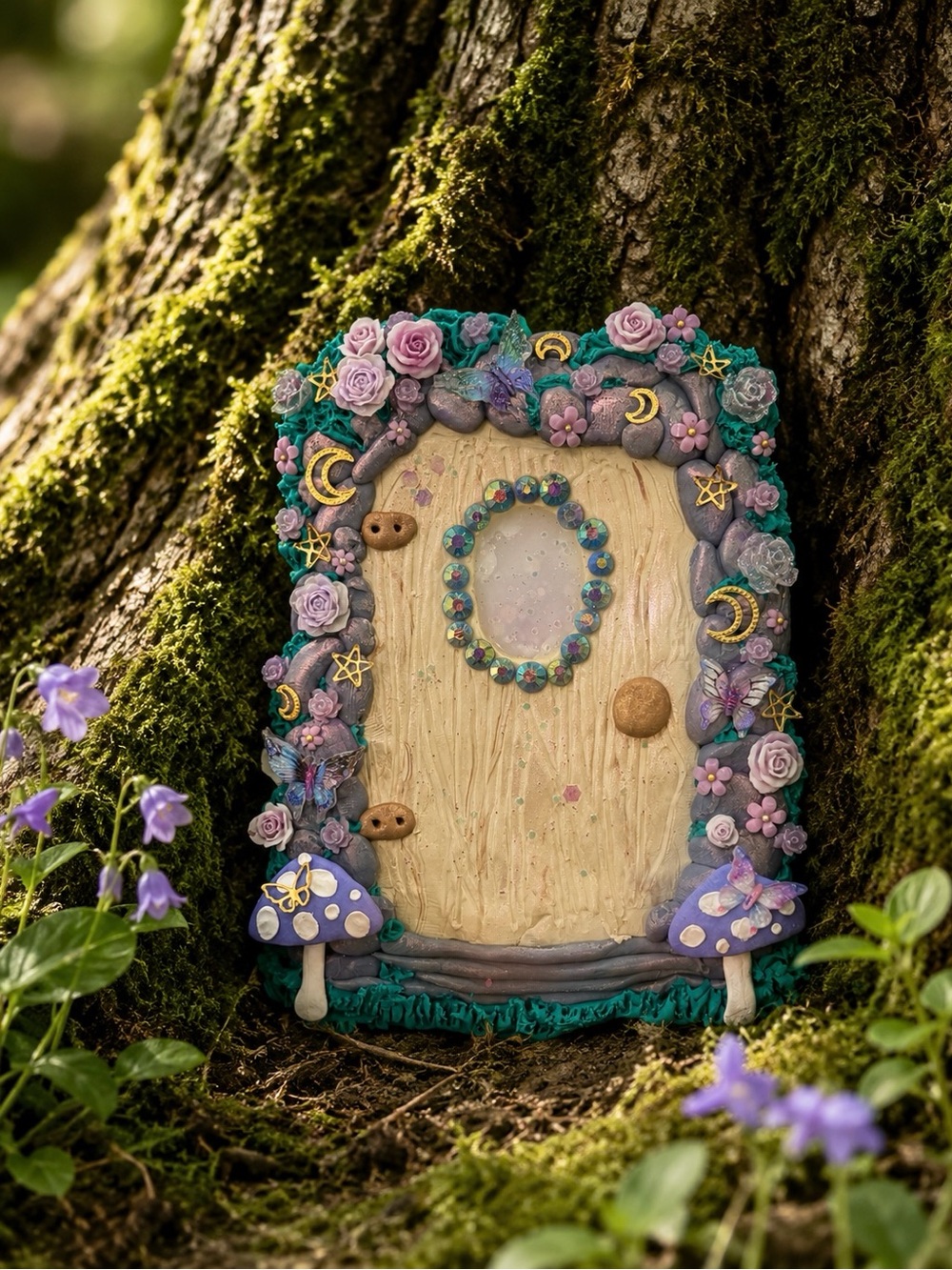 Handcrafted Fairy Door with Purple Flowers for indoor or outdoor use 6”
